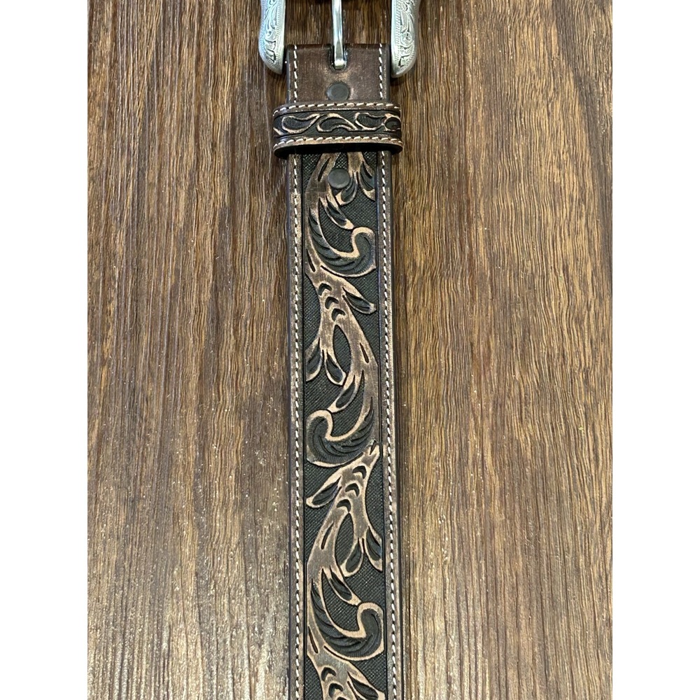 Roper Tooled Dark Brown Mens 34 Belt With Replaceable Silver Buckle - Picture 2 of 12